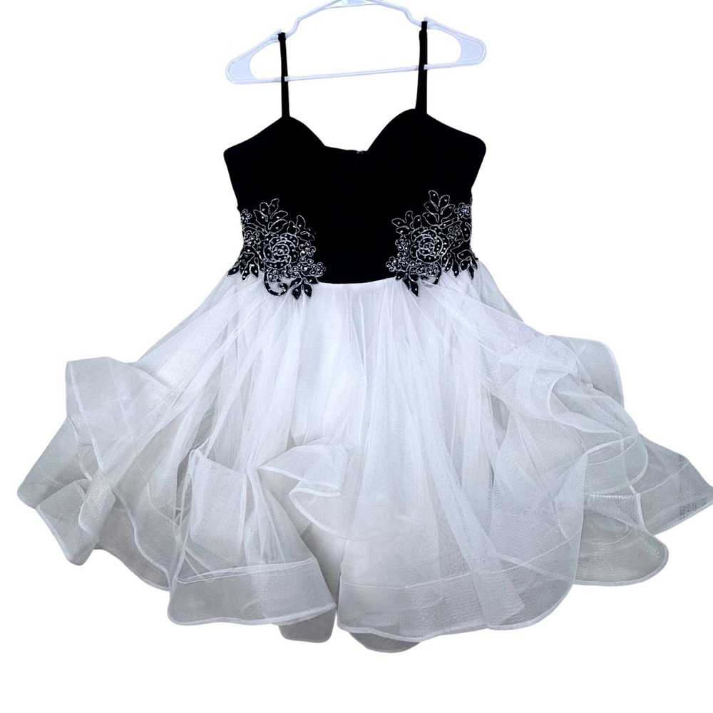 Blondie Nites‎ Stacy Sklar Dress Womens 13 Black White Beaded Tulle HOCO Prom